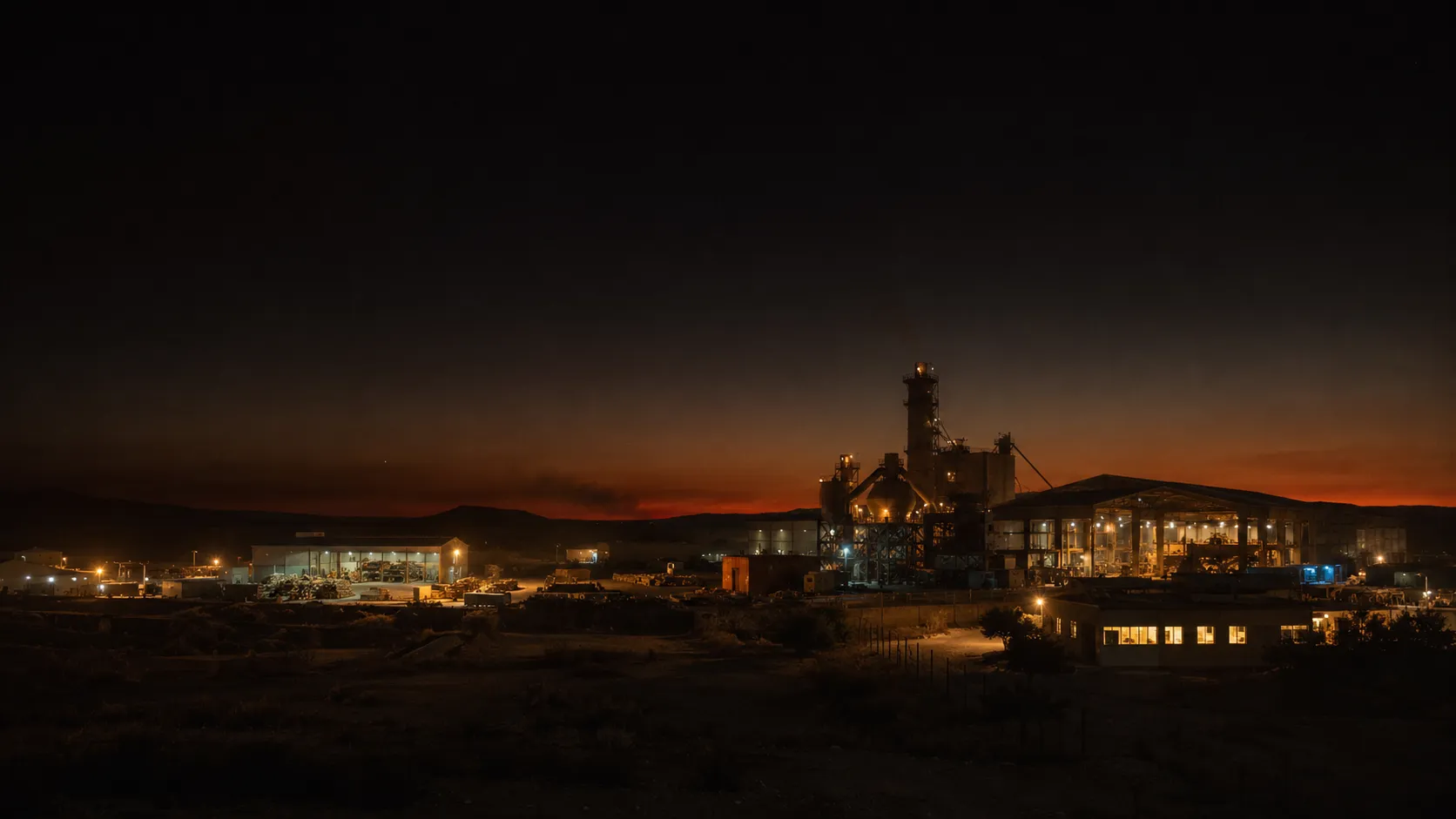 Operación industrial al crepúsculo con sus áreas iluminadas: nave de producción, planta a contraluz y oficinas